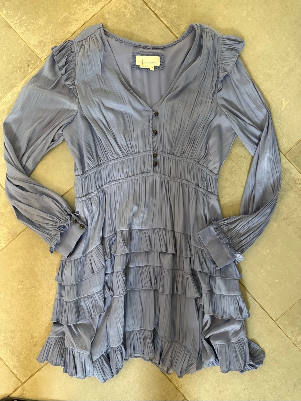 Anthropologie Dusty Blue Pleated Ruffle Long-Sleeve Dress